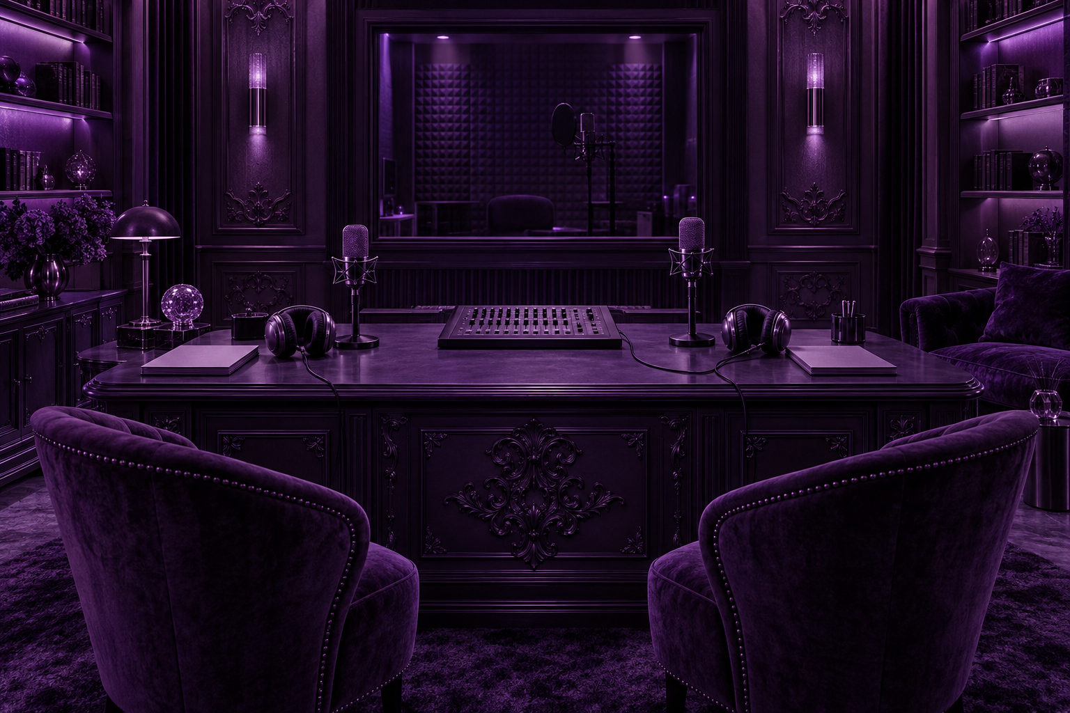 A purple podcast studio with microphones and a mixing board